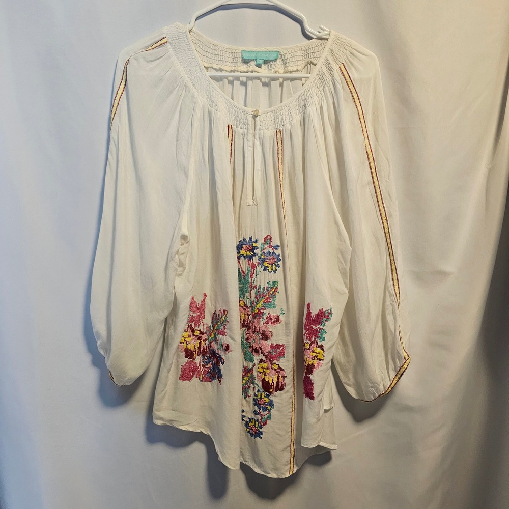 Melissa Odabash Peasant Blouse Women One Size White Floral Boho Embroidery